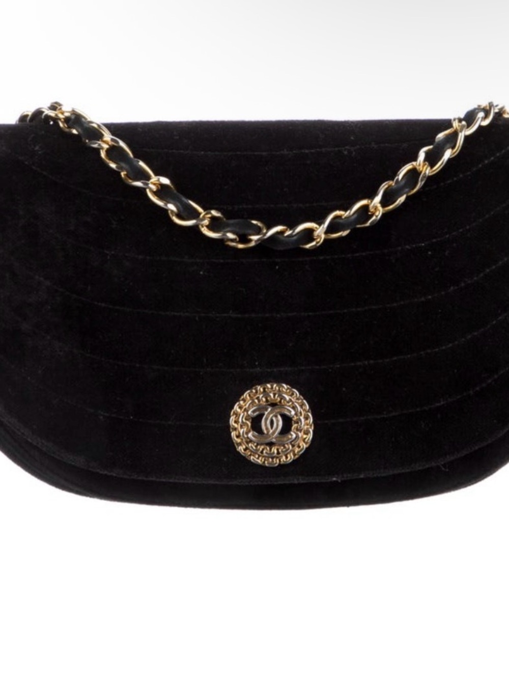 CHANEL Black Velvet Shoulder Bag with Gold Chain and CC Emblem